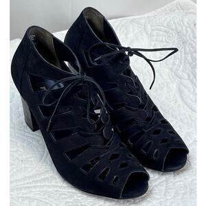 Paul Green Jansen Black Leather Lace Up Heel Suede Sandals - Size 8